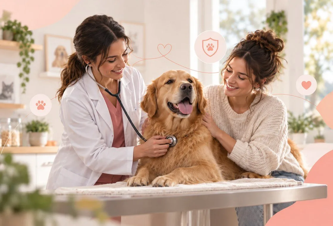 Veterinarian examining a dog with its owner beside the examination table